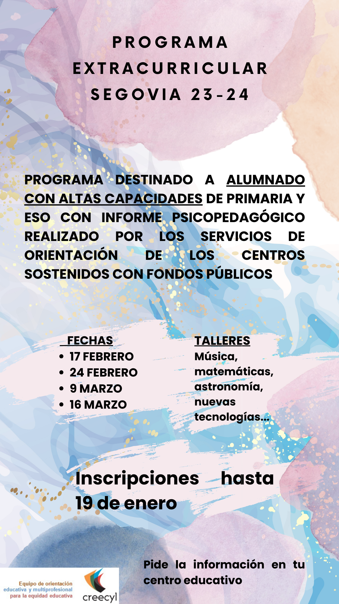 Talleres familias Segovia Programa Extracurricular Infografia